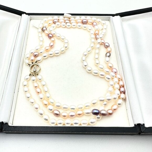 14K Gold Diamond Clasp Womens Multi Strand Pearl Estate Necklace Original Box - Picture 2 of 9